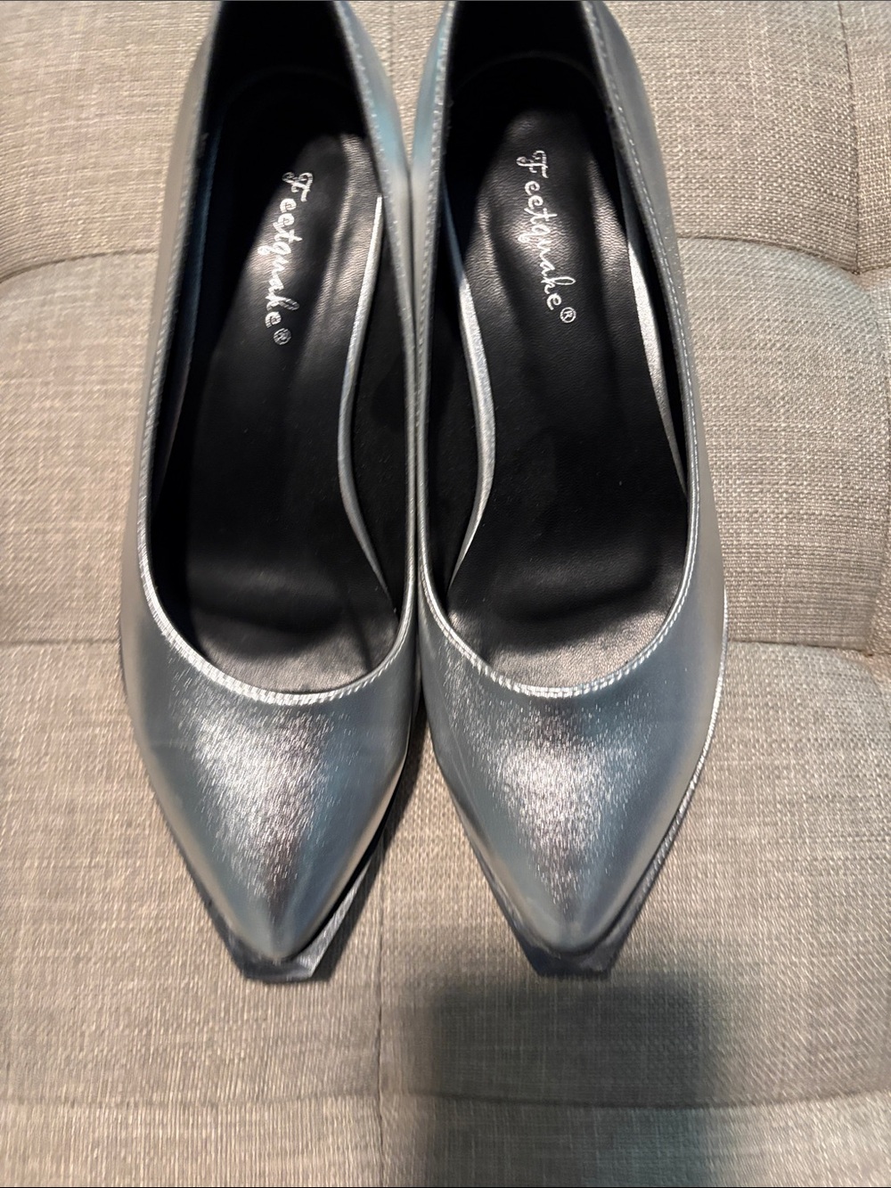 Silver Pointed-Toe Women's Pumps with Block Heel